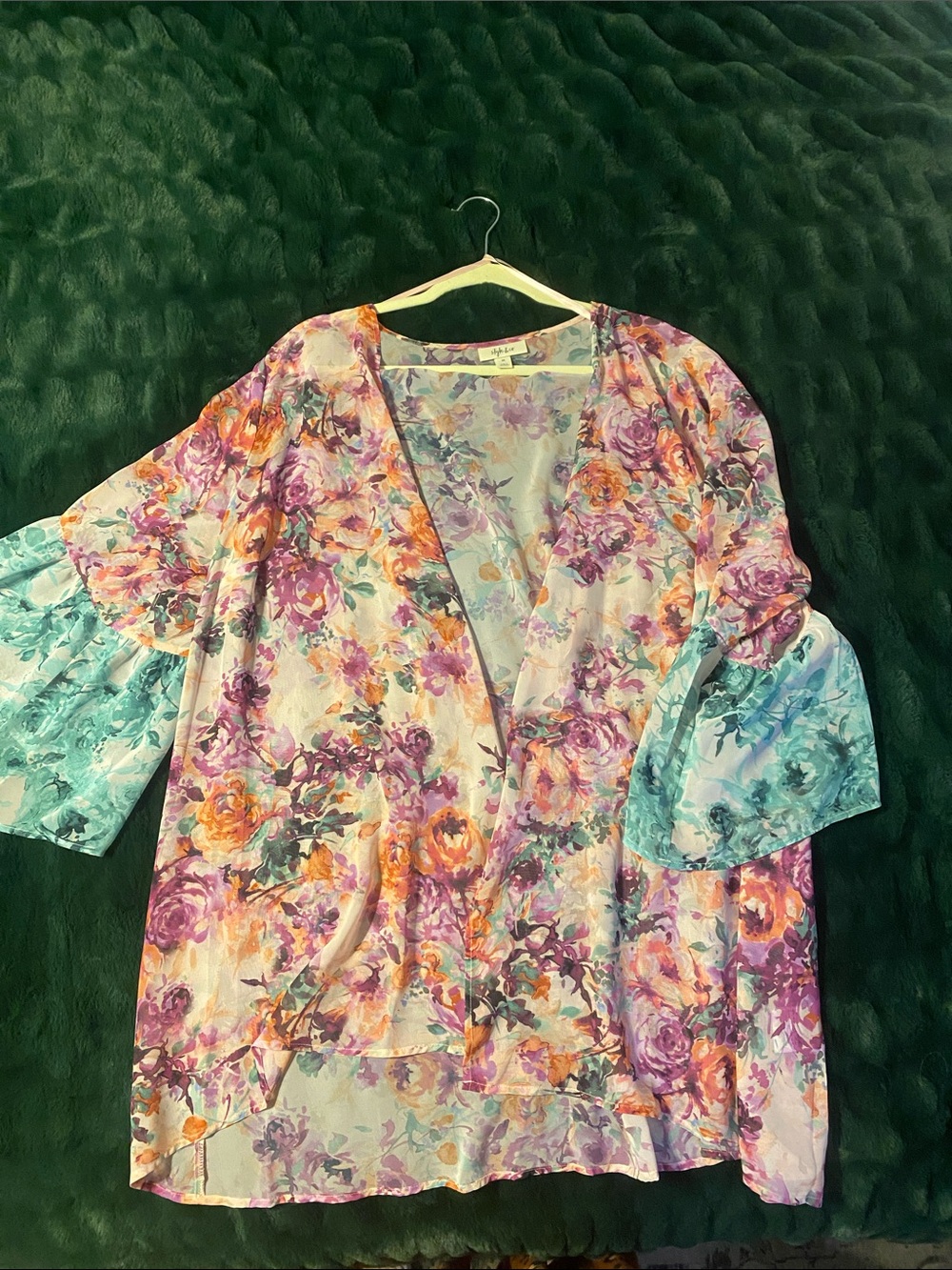 Style & Co. Lavender Multi Floral V-Neck Kimono Tunic with Teal Accents